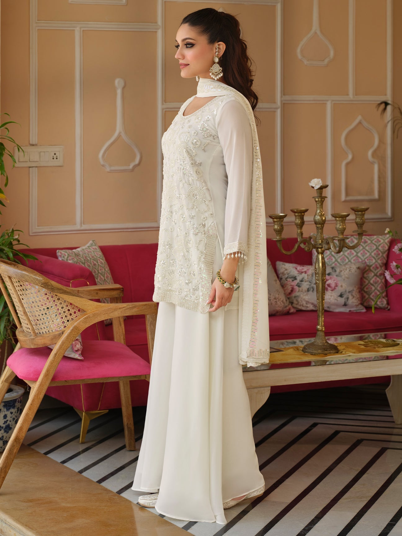 Off White Georgette Embroidered Sharara Set